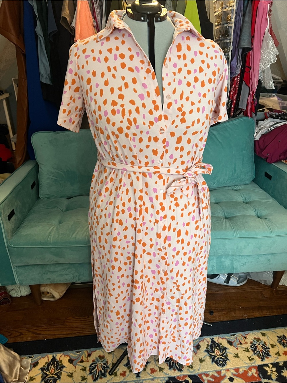 Eloquii Pink Dress with Orange Spot Print and Tie Waist